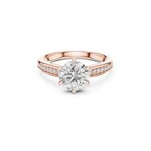 Load image into Gallery viewer, Rose gold ring with a 1ct Moissanite large diamond and Moissanite smaller diamonds on the band against a white background
