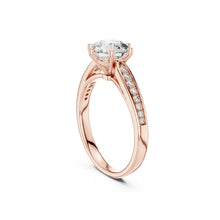 Load image into Gallery viewer, Rose gold ring with a Moissanite diamond on a white background