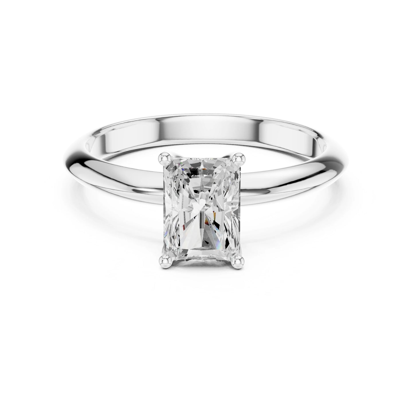 Silver ring with a rectangular moissanite diamond on a white background