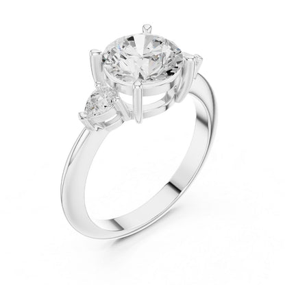 moissanite Diamond ring with two smaller diamonds on a white background