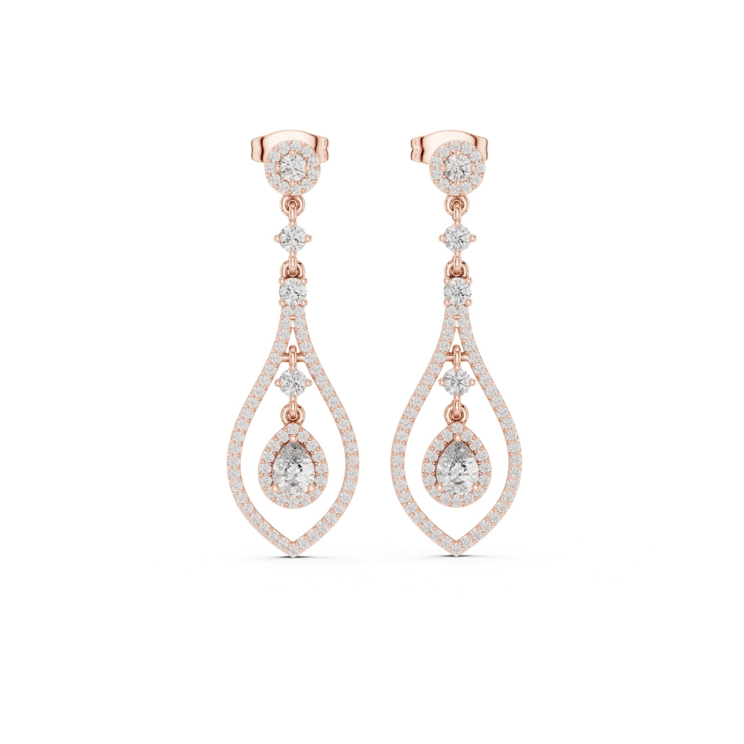 Rose gold and moissanite diamond earrings on a white background