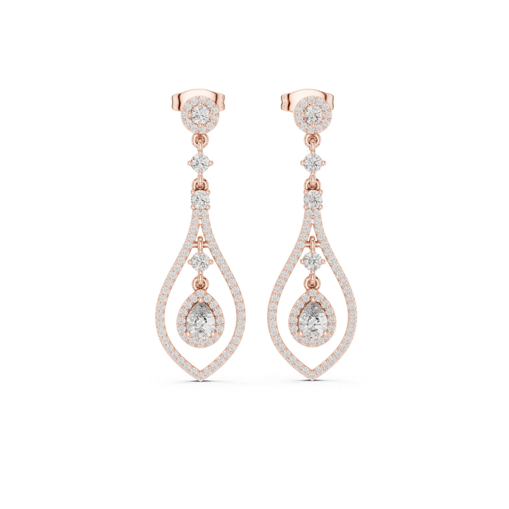 Rose gold and moissanite diamond earrings on a white background