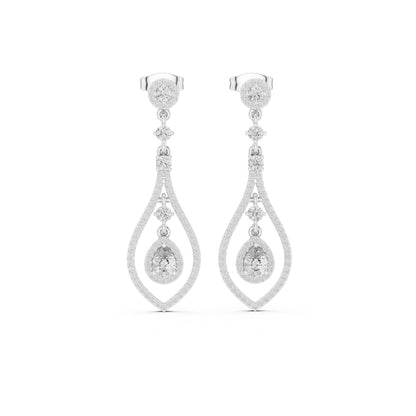 Pair of missanite silver teardrop earrings on a white background