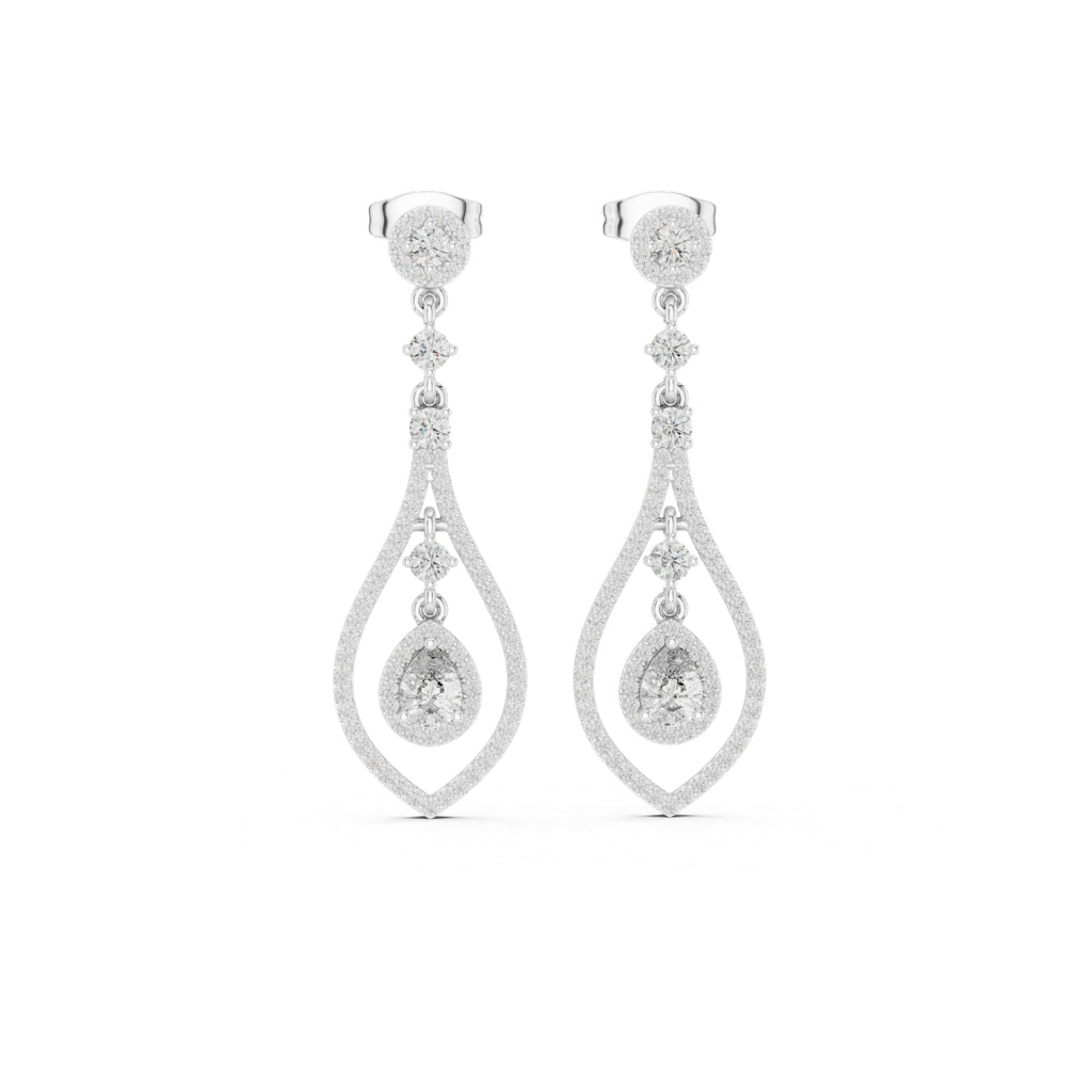 Pair of missanite silver teardrop earrings on a white background