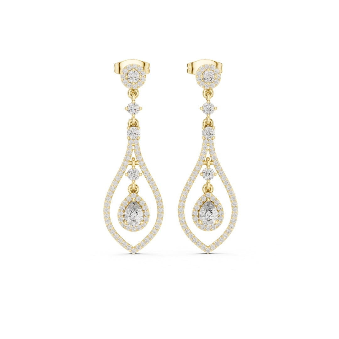 Pair of gold and moissanite diamond earrings on a white background