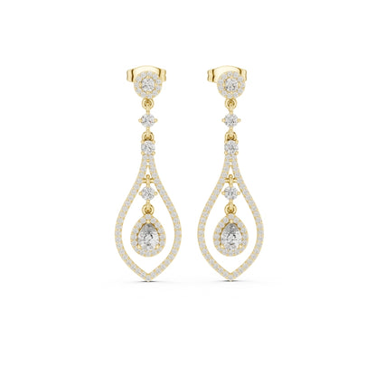 Pair of gold and moissanite diamond earrings on a white background
