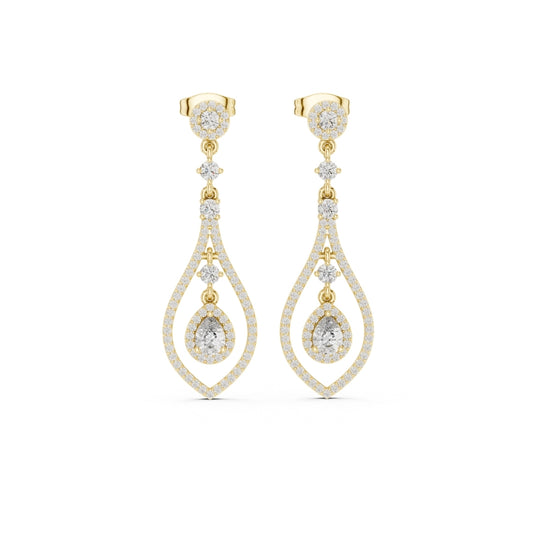 Pair of gold and moissanite diamond earrings on a white background