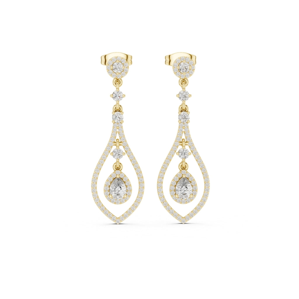 Pair of gold and moissanite diamond earrings on a white background