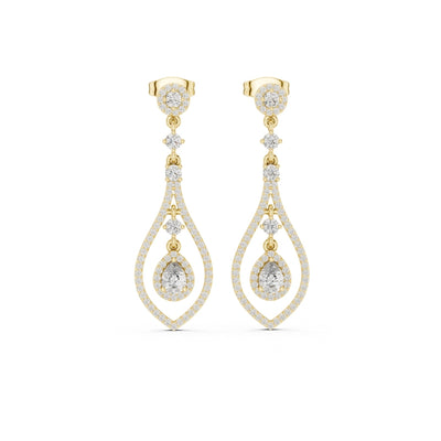Pair of gold and moissanite diamond earrings on a white background