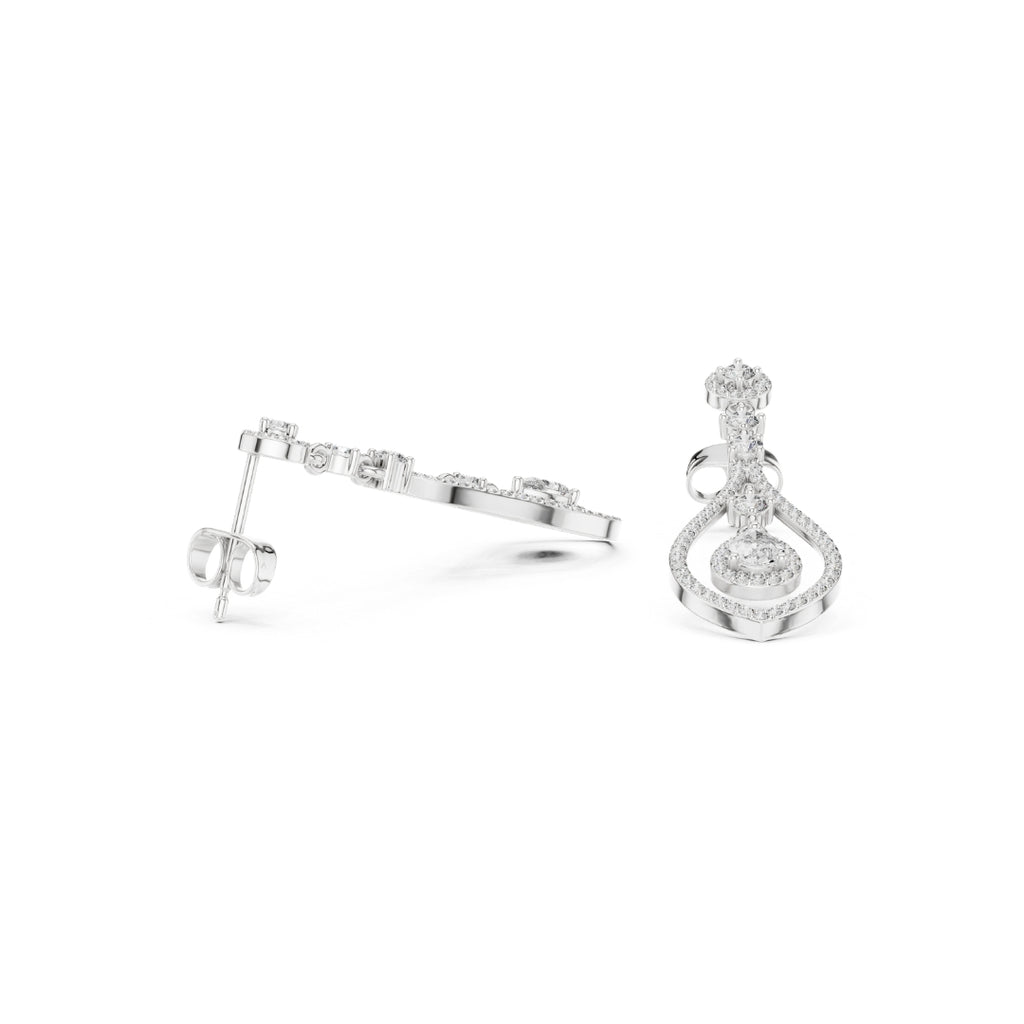 Silver earrings with moissanite clear gemstones on a white background