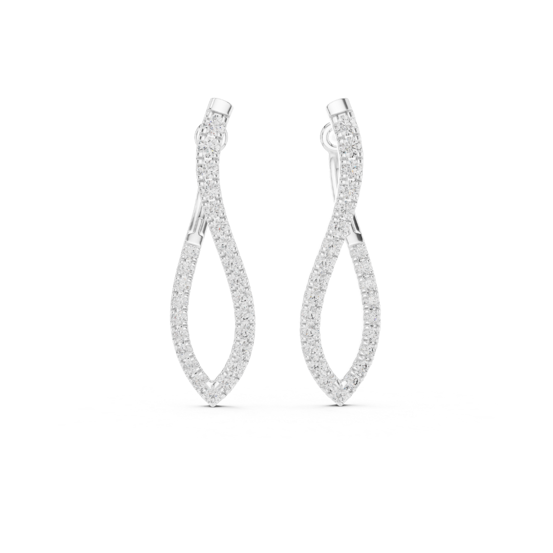 Pair of silver earrings with clear moissanite gemstones on a white background