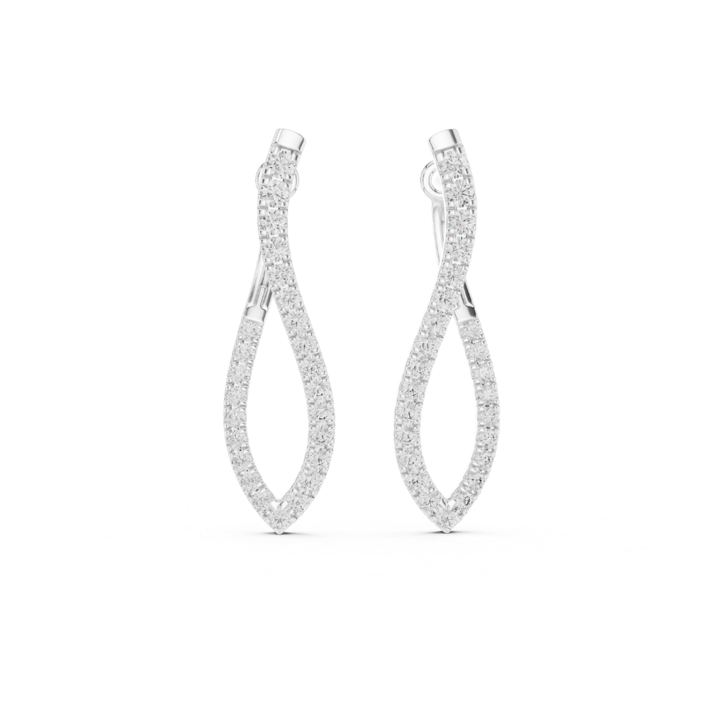Pair of silver earrings with clear moissanite gemstones on a white background