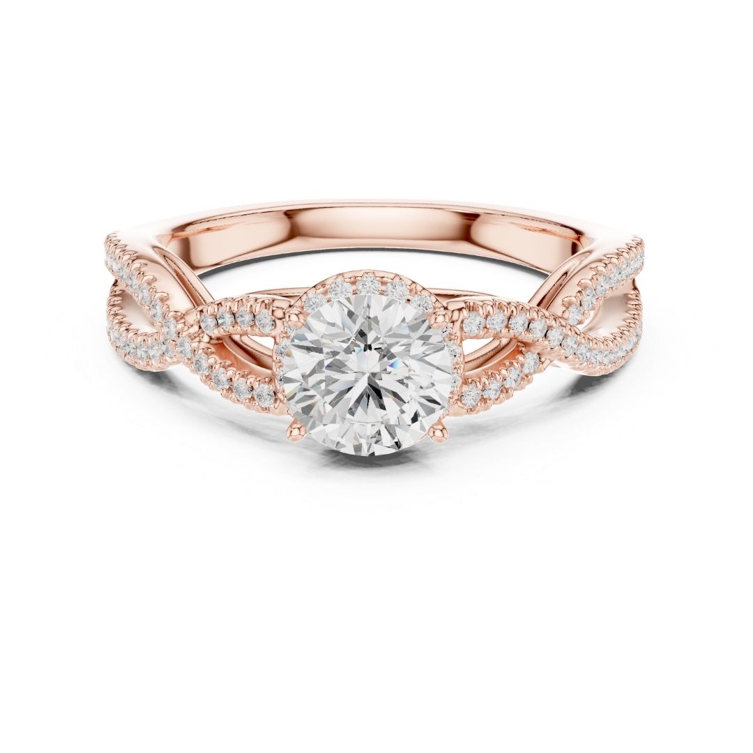 Rose gold ring with a moissanite diamond on a white background