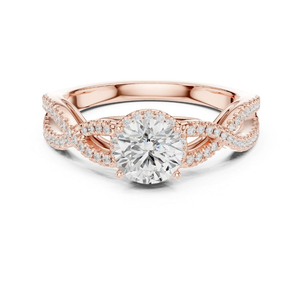 Rose gold ring with a moissanite diamond on a white background