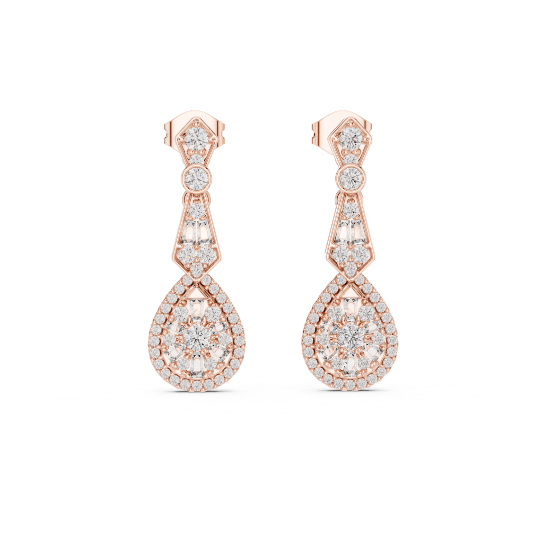 Rose gold earrings with clear Moissanite gemstones on a white background