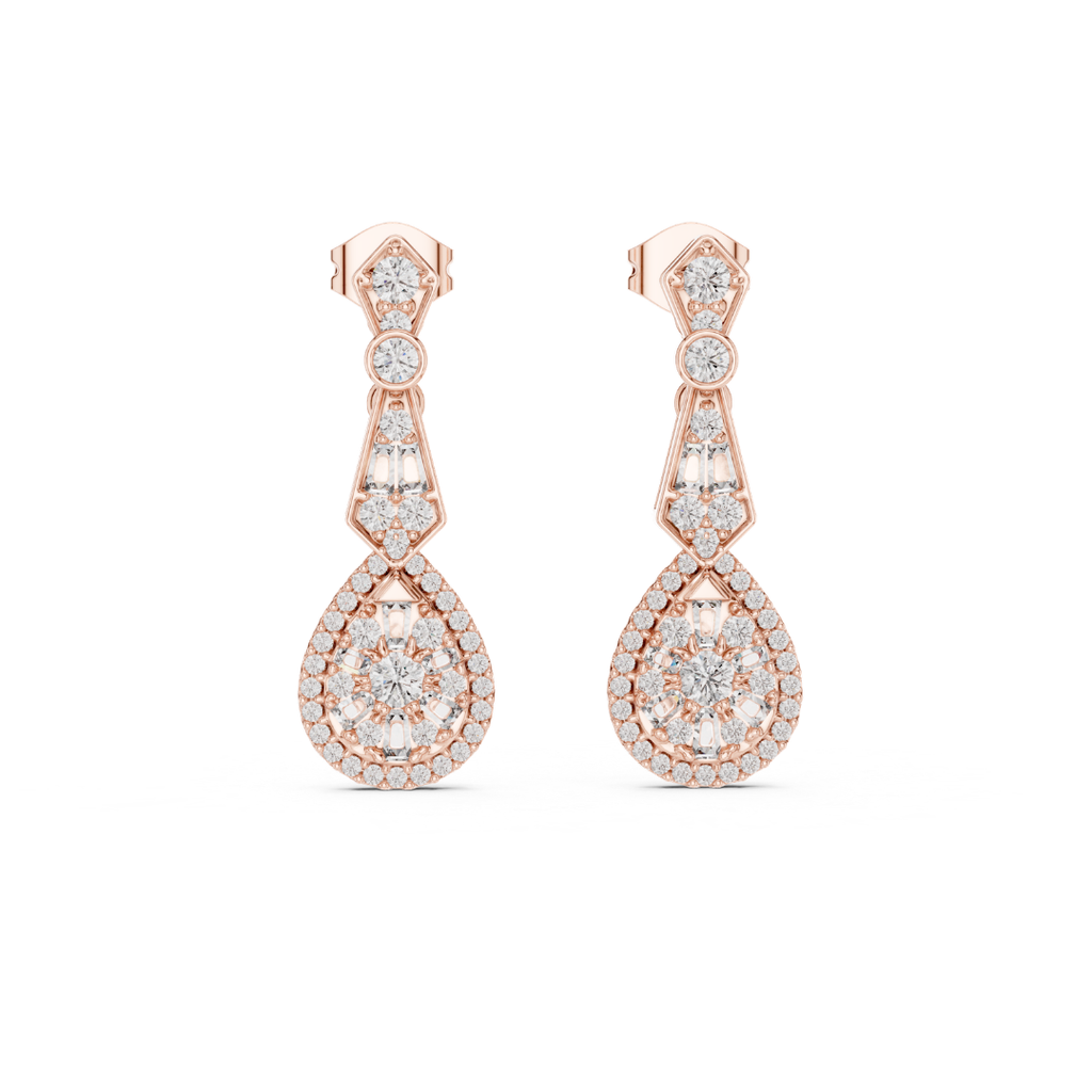 Rose gold earrings with clear Moissanite gemstones on a white background