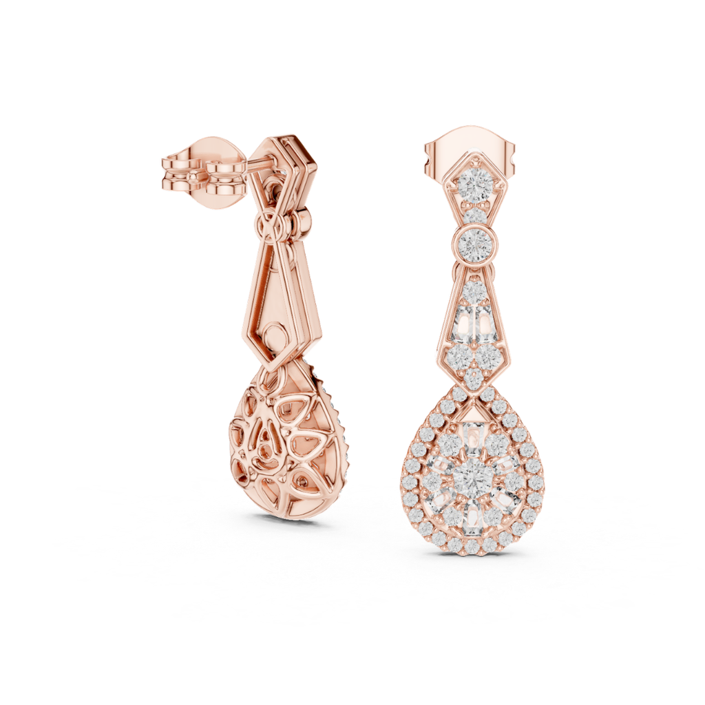 Rose gold earrings with moissanite diamond accents on a white background