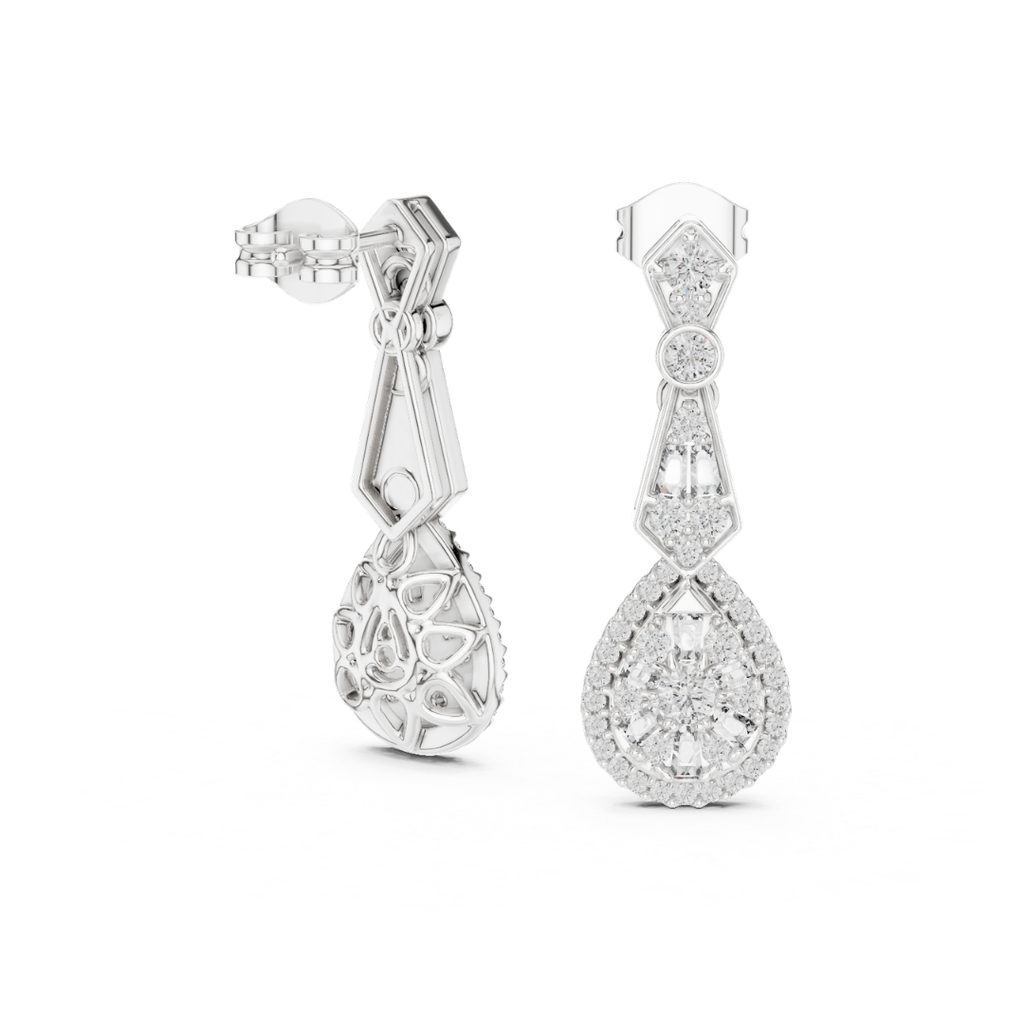 Pair of silver earrings with moissanite diamond accents on a white background
