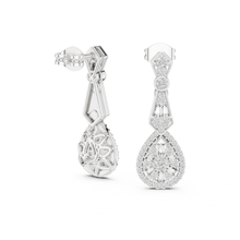 Load image into Gallery viewer, Pair of silver earrings with moissanite diamond accents on a white background
