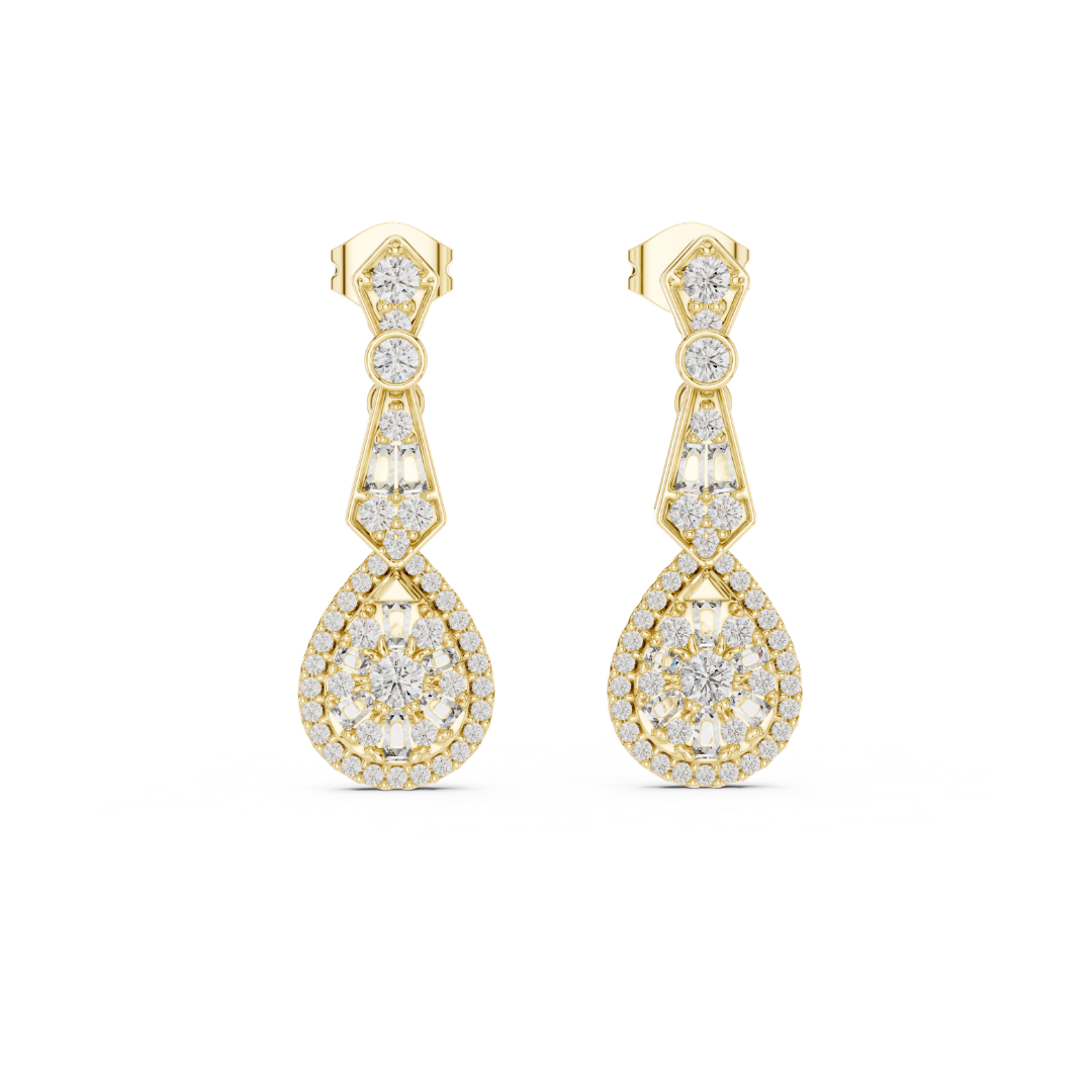 Gold finish and moissanite  diamond earrings on a white background