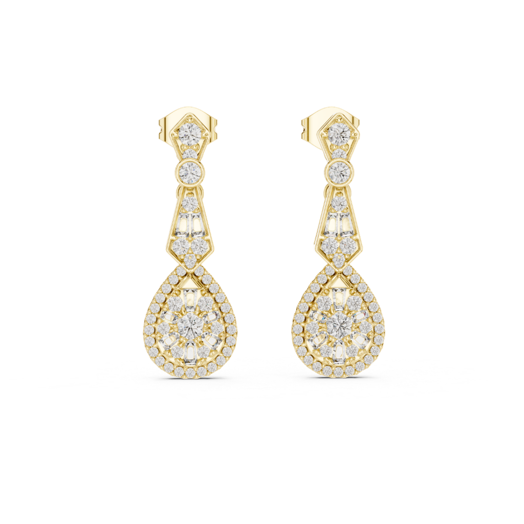 Gold finish and moissanite  diamond earrings on a white background