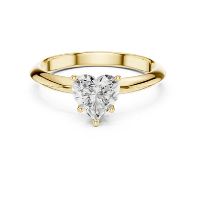 Gold ring with a heart-shaped moissanite diamond on a white background