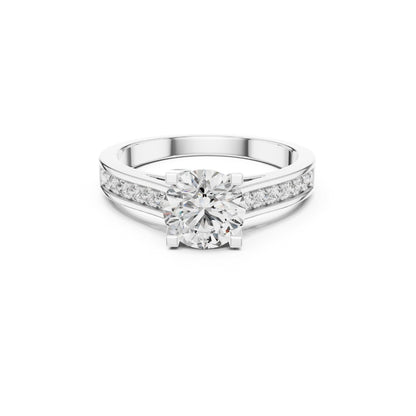 Silver ring with a 1ct Moissanite diamond on a white background