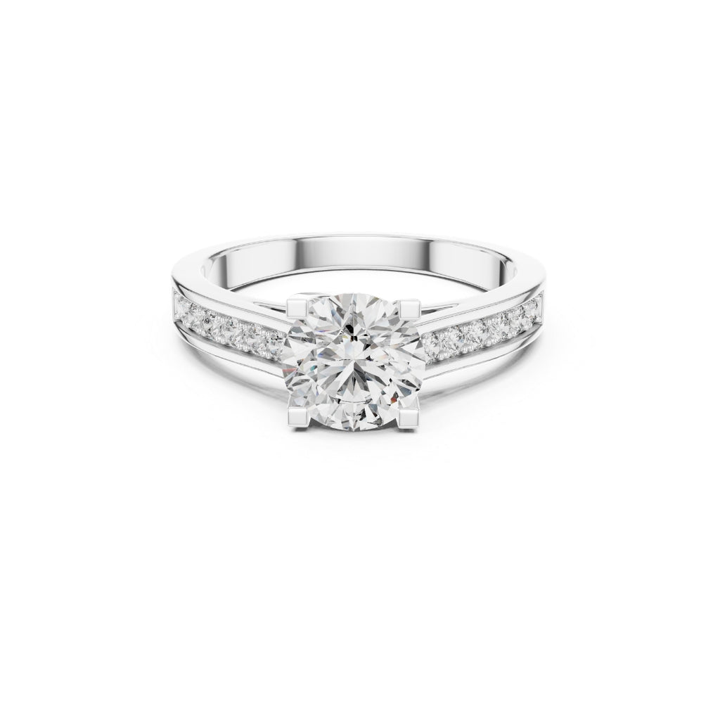 Silver ring with a 1ct Moissanite diamond on a white background