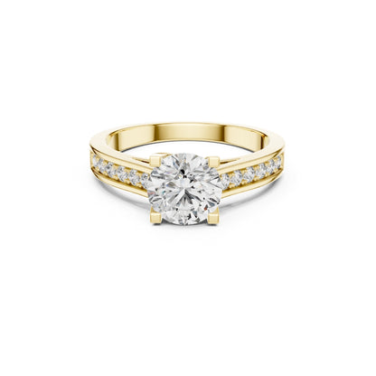 Gold ring with a Moissanite diamond on a white background