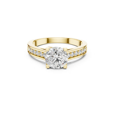 Gold ring with a Moissanite diamond on a white background