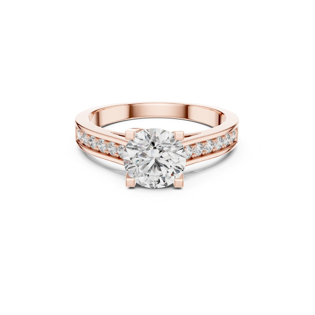 Rose gold ring with a Moissanite large diamond and smaller diamonds on the band against a white background