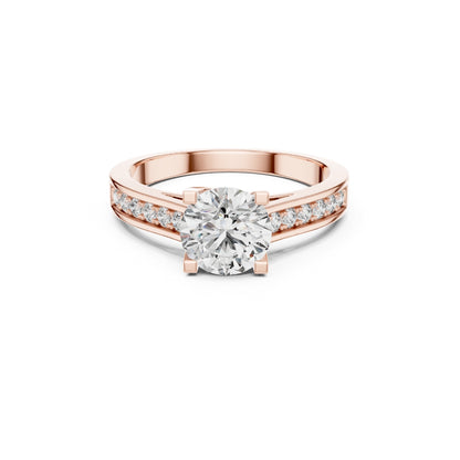 Rose gold ring with a Moissanite large diamond and smaller diamonds on the band against a white background