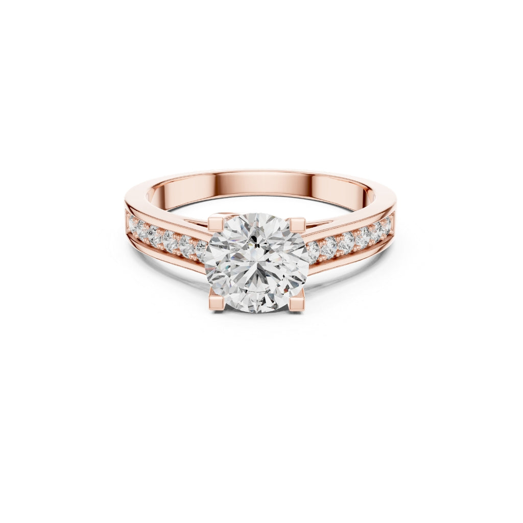 Rose gold ring with a Moissanite large diamond and smaller diamonds on the band against a white background