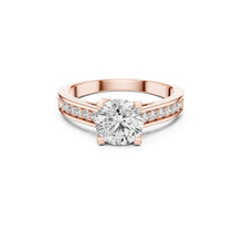 Load image into Gallery viewer, Rose gold ring with a Moissanite large diamond and smaller diamonds on the band against a white background