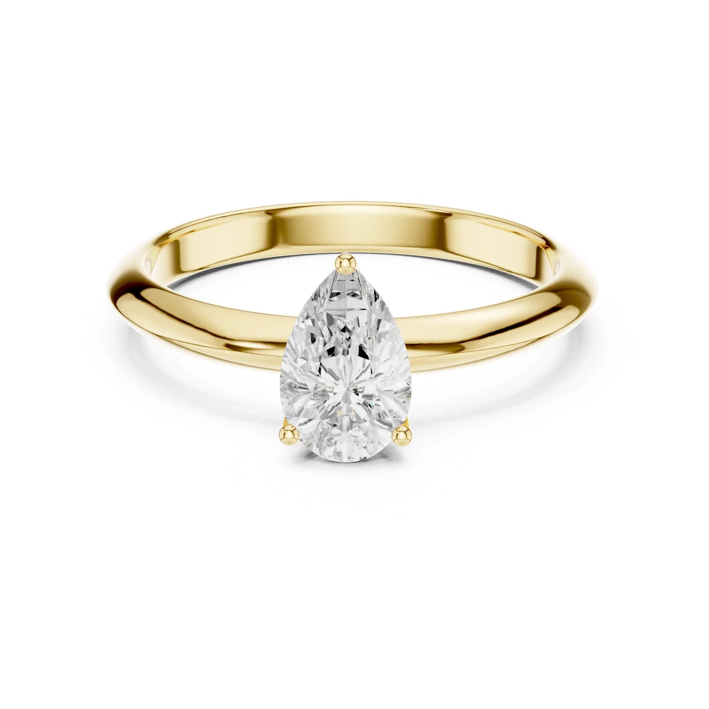 Gold ring with a pear-shaped moissanite diamond on a white background