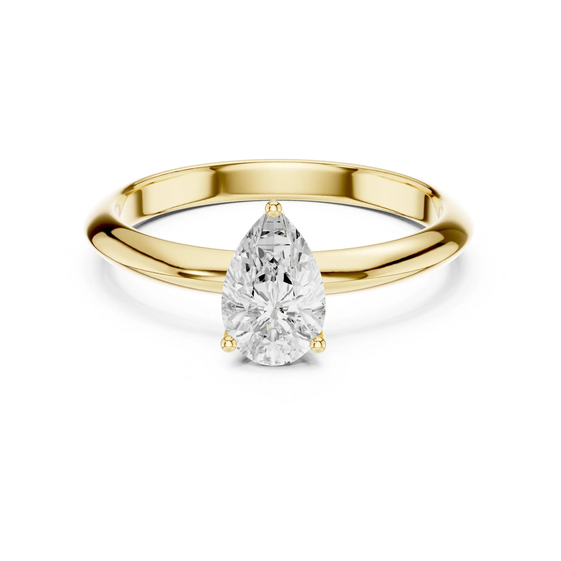 Gold ring with a pear-shaped moissanite diamond on a white background