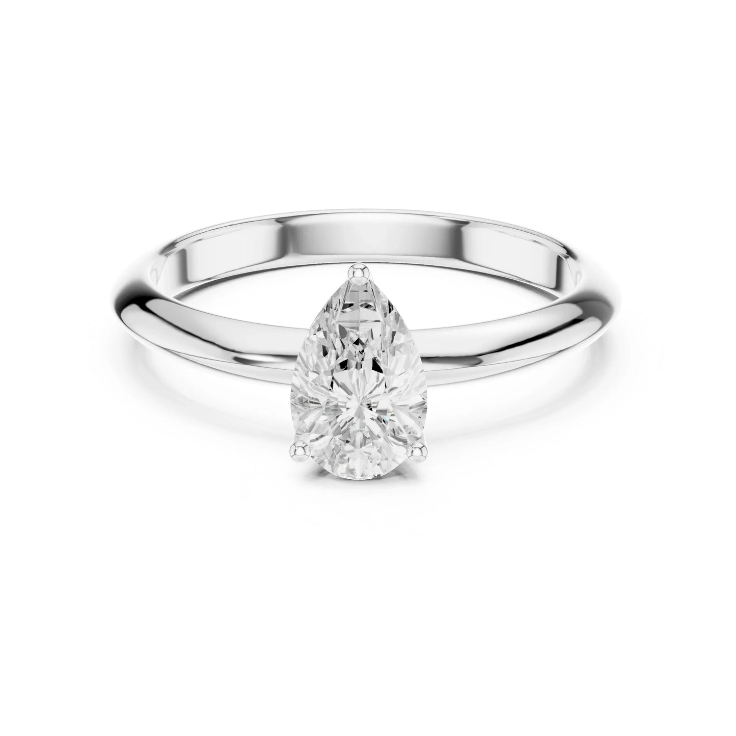 Silver ring with a pear-shaped moissanite diamond on a white background