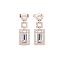 Load image into Gallery viewer, Rose gold and silver earrings with rectangular moissanite gemstones on a white background