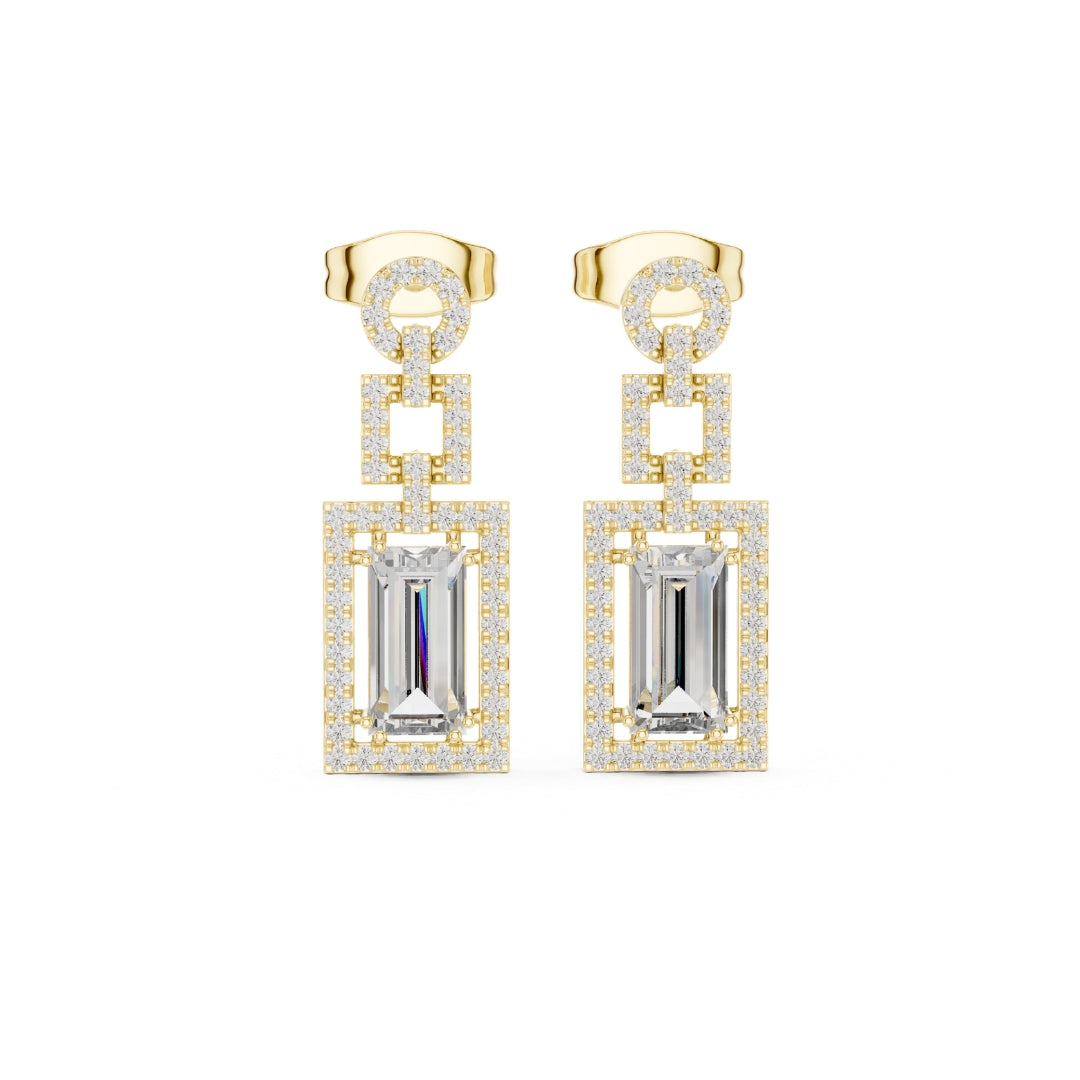 Gold and silver moissanite earrings with rectangular gemstones on a white background