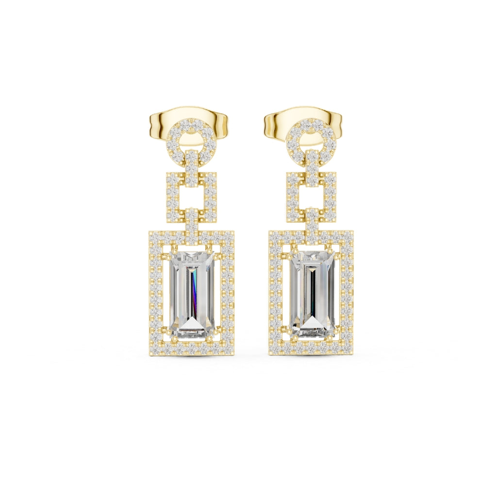 Gold and silver moissanite earrings with rectangular gemstones on a white background