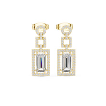 Load image into Gallery viewer, Gold and silver moissanite earrings with rectangular gemstones on a white background