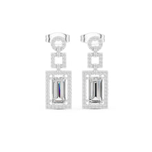 Load image into Gallery viewer, Pair of silver moissanite earrings with rectangular gemstones on a white background