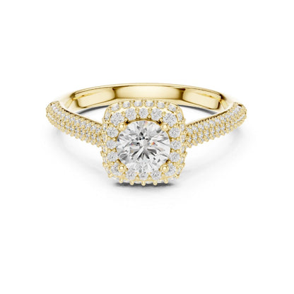 Gold ring with a moissanite diamond center stone on a white background