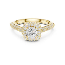 Load image into Gallery viewer, Gold ring with a moissanite diamond center stone on a white background