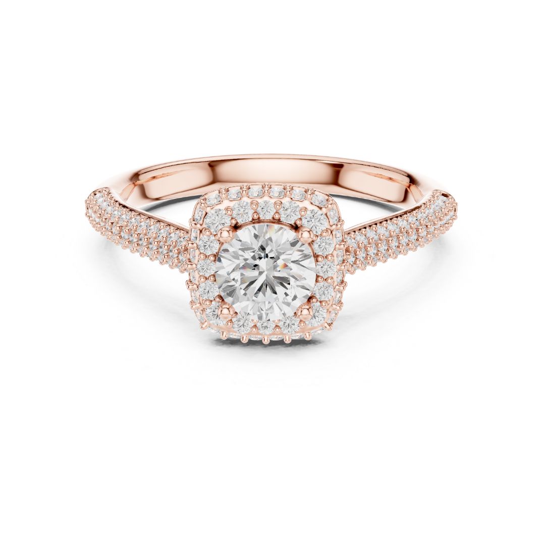 Rose gold ring with a moissanite diamond on a white background