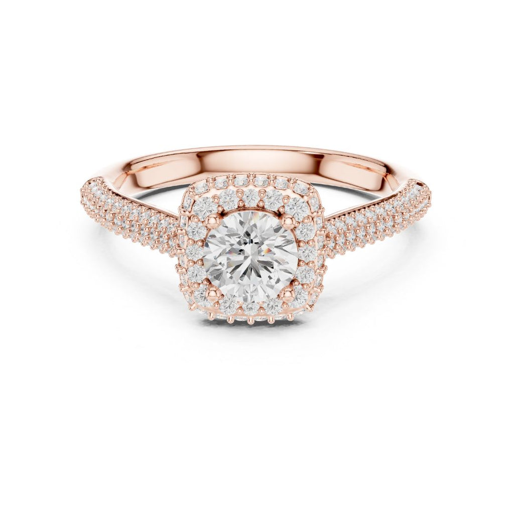 Rose gold ring with a moissanite diamond on a white background