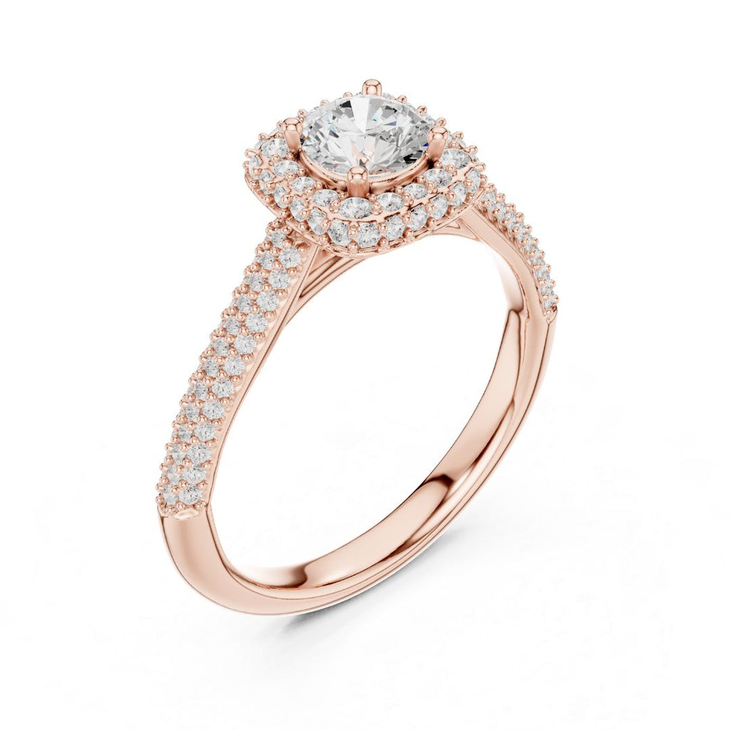 Rose gold ring with a moissanite  diamond on a white background