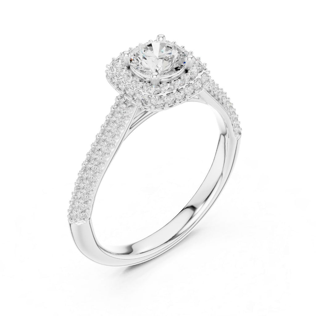 moissanite Diamond ring with a halo setting on a white background