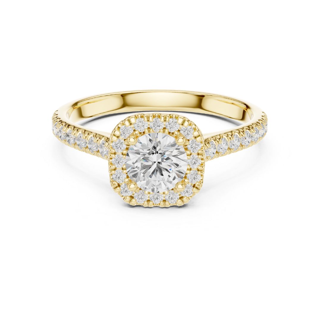 Gold ring with a moissanite diamond on a white background