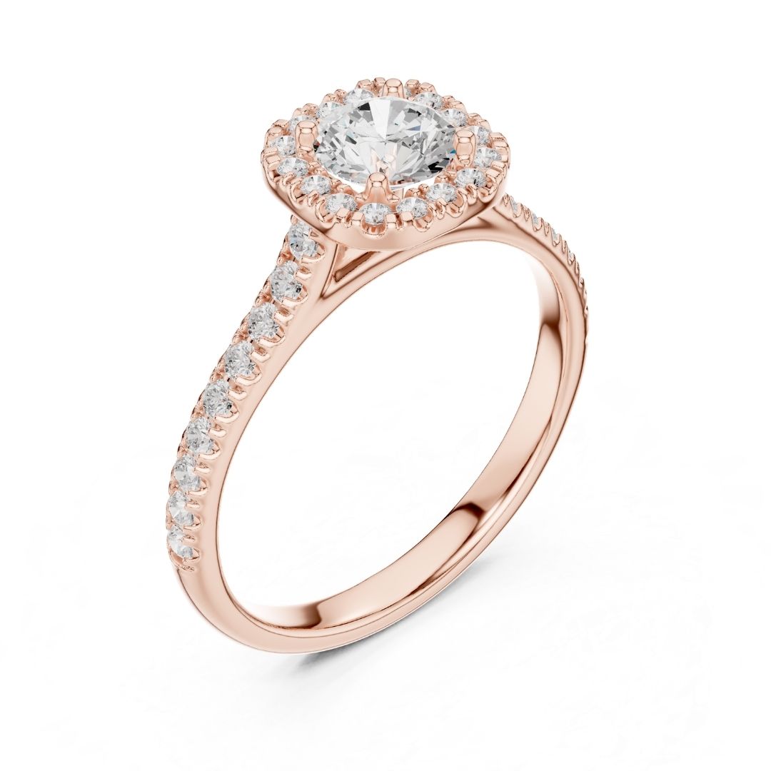 Rose gold ring with a moissanite diamond on a white background